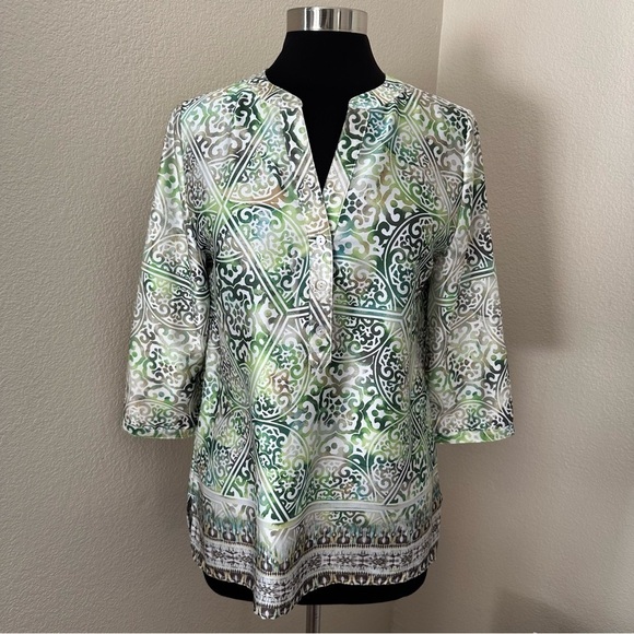 Chico’s Block-Print Green Cream Popover Lightweight Tunic Top Blouse Size S - Picture 3 of 16